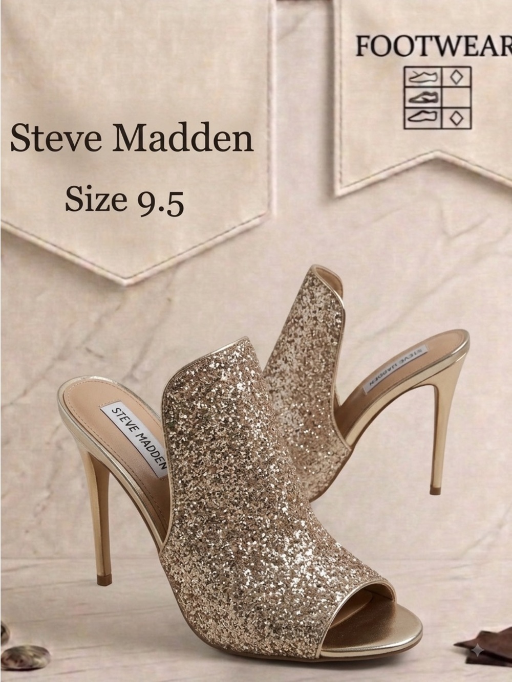 Steve Madden Sinful Rose Gold Glitter Peep Toe Mules Heeled Sandals Size 9.5